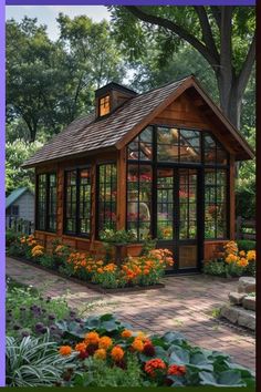 an image of a small house with flowers in the front yard and trees behind it