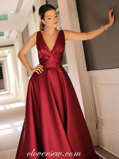 Crimson Dress, Satin Prom Dresses, Long Sleeve Bridesmaid Dress, Prom Dresses Elegant, Beautiful Evening Dresses, Elegant Prom, V Neck Prom Dresses, Elegant Prom Dresses, Black Prom