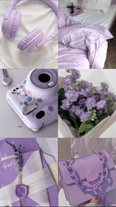 the collage shows purple and white items