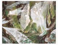 a painting with white birds flying over trees and plants in the background, while another bird is on the ground