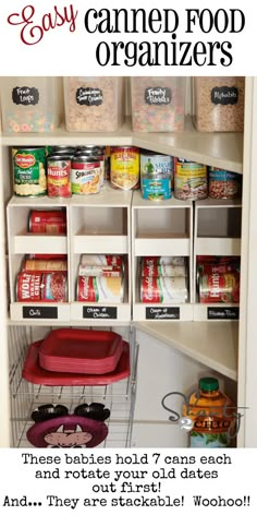 an organized pantry with canned food and containers on the shelves, labeled easy canned food organizers