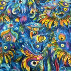 an artistic painting with many different colors and patterns on it's surface, as well as birds