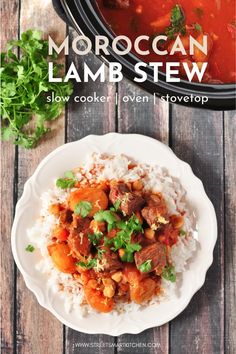 moroccan lamb stew with white rice and garnishes on the side, in a crock pot