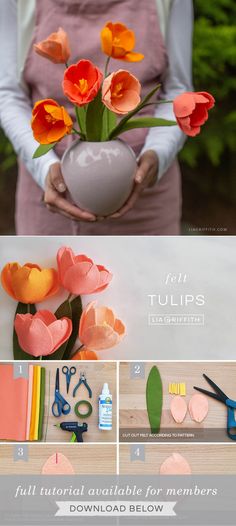 the instructions for making tulips are shown in this photo, including paper flowers and scissors