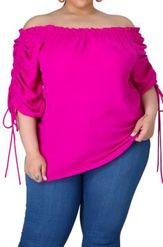 Polyester %100 Stretch top Short sleeve Off-shoulder neckline Self tie detail Ruched No closure Hand wash cold model is wearing 2X Plus Size Off The Shoulder Top, Plus Size Off The Shoulder, Chic And Curvy, Stretch Top, Women Outfits, Casual Clothes, Off The Shoulder Top, Casual Girl, Dress Clothes For Women