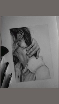 a pencil drawing of a woman's face with her hand on her shoulder and behind her ear