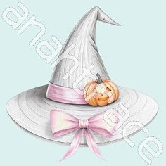 a drawing of a hat with a pumpkin on it and a bow around the brim