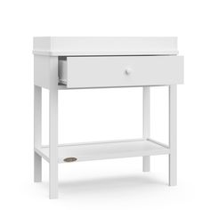 a white nightstand table with drawers on one side and an open drawer on the other