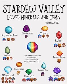 the stardew valley loved minerals and gems poster is shown in this image