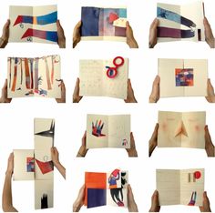 hands holding open notebooks with different designs and shapes on them, all showing the same page