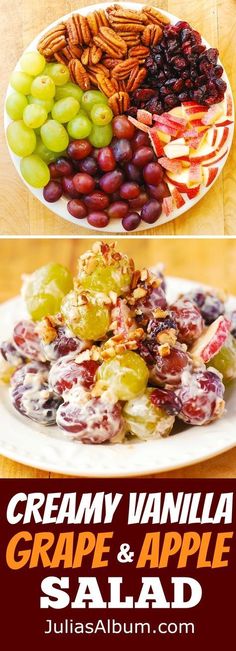 grapes and apples are arranged on a plate with the words creamy vanilla grape and apple salad