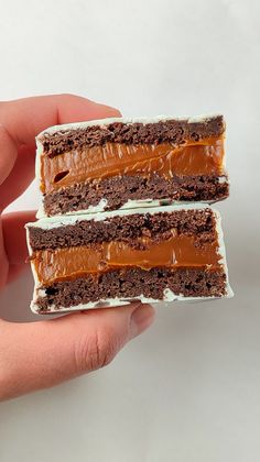 two pieces of chocolate cake with white frosting on each slice being held by someone's hand