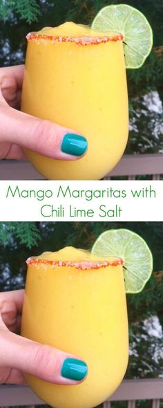 two pictures of a person holding a drink with limes on it and the words mango margaritas with chilli line salt