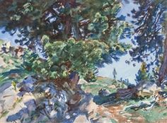 an oil painting of trees and rocks on a hill with blue sky in the background