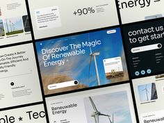 many different webpages with wind turbines in the background