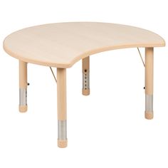 a wooden table with two metal legs and a curved shape on the top is shown