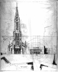 a drawing of a building with a clock tower in the center and lines drawn on it