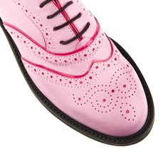 Forever classic, our Brick Lane women's Oxford shoes have all the traditional features, including punched holes, winged tips and contrasting leather and suede for a dash of extra style.  This women's designer shoe is leather lined for maximum comfort, and they are available in a range of colors including this cheery pink with dark pink patent leather trim.  Also, please note, our shoes are not made specifically for wide feet. We recommend cleaning our shoes with a soft bristle, horsehair brush or a lint-free cloth. If portions of the shoes have suede accents, we recommend spraying the suede with Embassy London's all natural Waterproofing Spray. Italian leather shoes will last a long time if cared for properly.  If your shoes  will be frequently exposed to the elements, it's a good idea to Women's Oxford Shoes, Pink Leather Shoes, Designer Shoe, London Shoes, Italian Leather Shoes, Brick Lane, Footwear Design Women