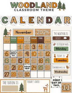 the woodland classroom calendar is shown in this image