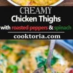 creamy chicken thighs with roasted peppers and spinach in a white casserole dish