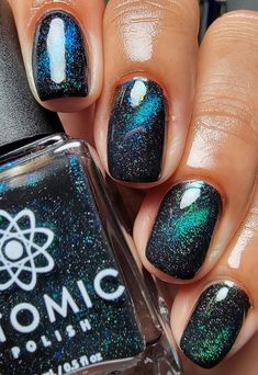 Andromeda is part of The Galactic Collection which is a quad of magnetic polishes. It has magnetic chameleon pigment that shifts green to blue to purple. It also has chameleon flakes and holographic pigment. These polishes can be used as is for a regular shimmer, or with a strong magnet for a cat eye type look. The entire collection can be found here. All of our polishes are cruelty free, vegan and 5-free (free of camphor, toluene, formaldehyde, dibutyl phthalate (DBP) or formaldehyde resins.) S Shimmer Lip Gloss, Funky Nail Art, Space Nails, Elegant Nail Designs, James Webb, Nail Shimmer, James Webb Space Telescope, Green To Blue, Makeup Party