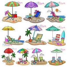 various beach chairs and umbrellas on the sand