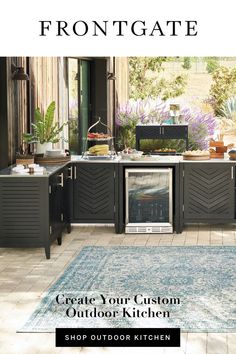 an outdoor kitchen is featured in the frontgate magazine