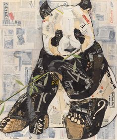 a collage of newspaper with a panda bear on it's back and bamboo in its paws