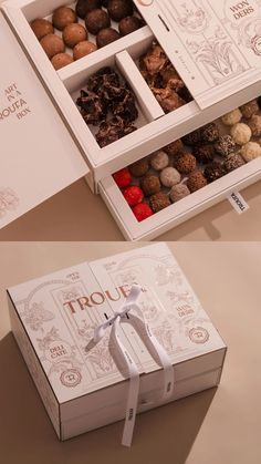 two boxes with different types of chocolates in them, one opened and the other closed