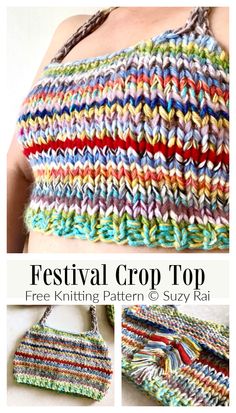 the festival crop top is knitted with multicolored yarn and has an attached shoulder strap