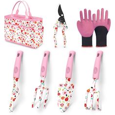 four different types of gardening tools are shown in this set, including gloves and garden shears