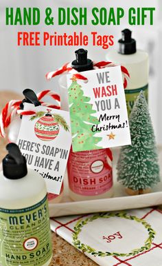 hand and dish soap gift for christmas with free printable tags on the bottle top