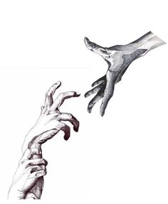 two hands reaching for each other in front of a white background with black and grey ink