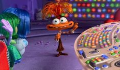 a cartoon character standing in front of a mixing board with an orange monster on it