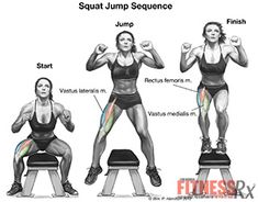 a woman doing squats on a bench with the words squat jump sequence above her