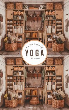 A farmhouse-inspired yoga studio with cozy and organized merchandise and gear storage. Yoga Ball Storage, Yoga Prop Storage, Prop Storage, Props Storage, Yoga Supplies, Ball Storage, Yoga Props