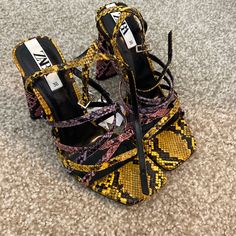 Yellow Pink And Purple Snake Print Zara Heels, Never Worn Out Just Tried On Zara Purple Party Heels, Zara Purple Heels For Spring, Zara Yellow High Heels, Purple Snake, Zara Heels, Zara Shoes, Pink And Purple, Snake Print, Purple Gold