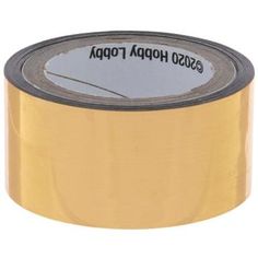 a roll of gold foil tape with black lettering on the front and bottom side,