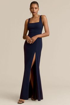 Wedding Guest Dress Inspiration, Black Tie Wedding Guest Dress, Crepe Maxi Dress, Black Tie Wedding Guests, Navy Bridesmaid Dresses, Crepe Gown, Black Tie Dress, Column Gown, Neck Stretches