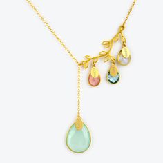 Gold filled family tree branch with 1 large aqua chalcedony stone and three children birthstones including pink chalcedony, kyanite and moonstone all with engraved oval name tags Family Necklace Mother Jewelry, Family Birthstone Necklace, Birthstone Charm Necklace, Lariat Style Necklace, Cascade Necklace, Original Necklace, Family Tree Necklace, Mother Jewelry, Family Necklace