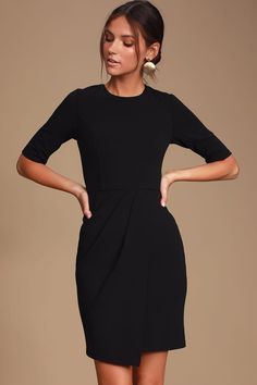 Chic Black Dress - Half Sleeve Dress - Crewneck Sheath Dress - Lulus Chic Black Dress, Black Dresses Classy, Black Dress Outfits, Tumblr Outfits, Elegante Casual, Looks Street Style, Half Sleeve Dresses, Elegantes Outfit, Business Dresses