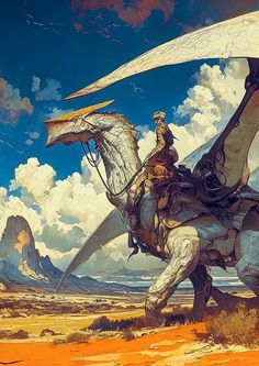 a man riding on the back of a white horse next to a giant bird flying over it