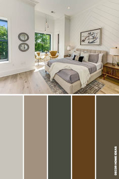 a bedroom with white walls, wood floors and gray bedding in shades of brown