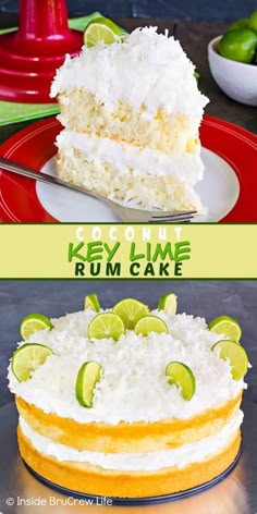 key lime rum cake on a red plate with the words key lime rum cake above it