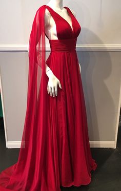 MACloth Deep V Neck Chiffon Long Bridesmaid Dress Simple Prom Gown Simple Prom Gown, Train Silhouette, Prom Dresses Simple, Red Chiffon, Pink Prom, Dress Simple, Red Prom, Long Bridesmaid Dress, Prom Outfits