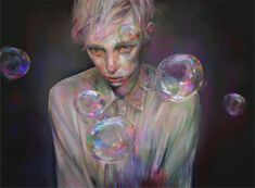 a painting of a man with soap bubbles on his face and hands in front of him