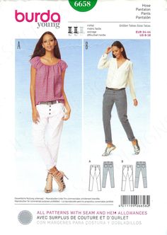 a woman's top and pants sewing pattern from the burda young book,