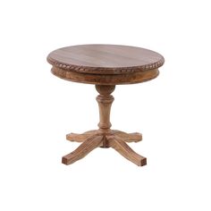 a round wooden table with two legs and a wood top on an isolated white background