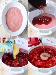 the process of making cranberry sauce is shown in three different pictures, including one being poured into a bowl and another being drizzled with liquid