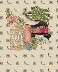 a bird in a cage with flowers and birds on it